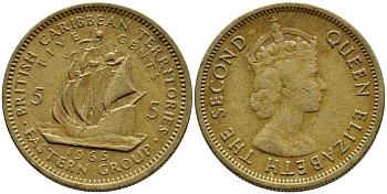 Британские Восточно-Карибские территории 5 центов 1965 Елизавета II (1952-2022), парусник KM 4 никель латунь 4393-416