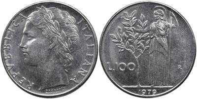 Италия 100 лир 1979 R, Афина в доспехах KM 96.1 нержавеющая сталь 4165-225