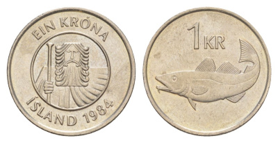 Исландия 1 крона 1984 треска KM 27 медно-никель UNC 4633-1254