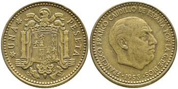 ИСПАНИЯ 1 ПЕСЕТА 1953 (62) ФРАНСИСКО ФРАНКО ДИКТАТОР ИСПАНИИ (1939-1975) KM 775 алюминиевая бронза 110-1133