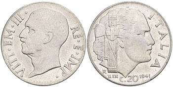 ИТАЛИЯ 20 ЧЕНТЕЗИМО 1941 R, ГОД XIX, ВИКТОР ЭММАНУИЛ III (1900-1946) KM 75b, VEM3. 1028 нержавеющая сталь 3853-752