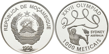 Мозамбик 1000 метикалей 1998 XXVII олимпийские игры в Сиднее, тираж 10000 экз. KM 128 серебро PROOF 1078-5-63