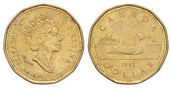 Канада 1 доллар 1991 Елизавета II (1952-2022), утка KM 186 никель плакированный позолоченной бронзой 4631-752