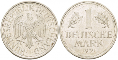 ФРГ 1 МАРКА 1991 J KM 110 медно-никель 3718-1235