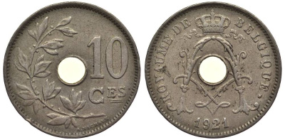 БЕЛЬГИЯ 10 САНТИМОВ 1921 BELGIQUE, АЛЬБЕРТ I (1909-1934) KM 85.1 медно-никель 27-916