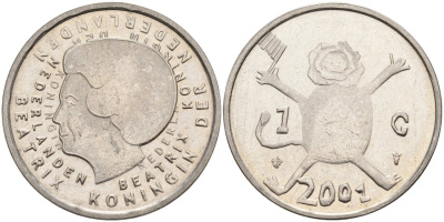 Нидерланды 1 гульден 2001 прощай гульден, детский рисунок, лев с флагом в руках KM 233 никель 92-923