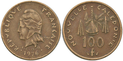 Французская Новая Каледония 100 франков 1976 R·JOLY (с точкой), хижина среди сосен и пальм, (IEOM) KM 15, Schoen 16, Lec 130 никель латунь 4137-642