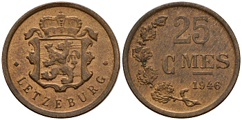 Люксембург 25 сантимов 1946 Шарлотта (1918-1964) KM 45 бронза 4115-828