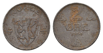 Норвегия 2 эре 1945 Хокон VII (1905-1957) KM 394 железо 4635-315