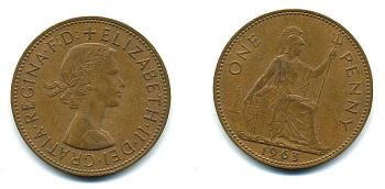Великобритания 1 пенни 1963 Елизавета II (1952-2022) КМ 897, Spink 4157 бронза 4110-334