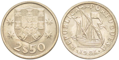 ПОРТУГАЛИЯ 2,5 ЭСКУДО 1981 ПАРУСНИК KM 590 медно-никель UNC 4513-1154