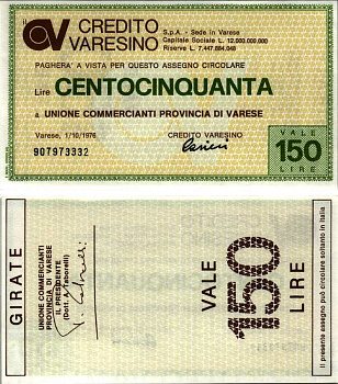 Италия чек на 150 лир 1976 1 октября 1976, credito varesino бумага UNC (пресс) 7218-6-3-1