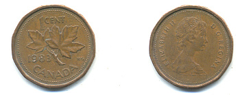 КАНАДА 1 ЦЕНТ 1983 ЕЛИЗАВЕТА II, КЛЕНОВЫЙ ЛИСТ KM 132 бронза 177-1411