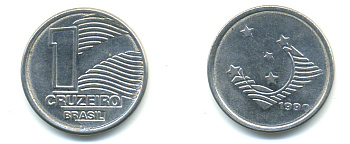 Бразилия 1 крузейро 1990 KM 617 нержавеющая сталь aUNC 93-727
