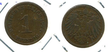 ГЕРМАНИЯ 1 ПФЕННИГ 1904 J KM 10, J. 10 медь 701-231