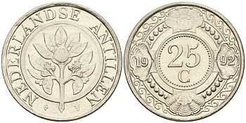 Нидерландские Антилы 25 центов 1992 Беатрикс (1980-2013) KM 35 сталь плакированная никелем 4364-1823