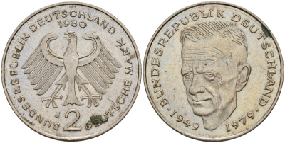 ФРГ 2 марки 1980 J, Курт Шумахер KM 149, J. 424 медно-никель 4159-1246