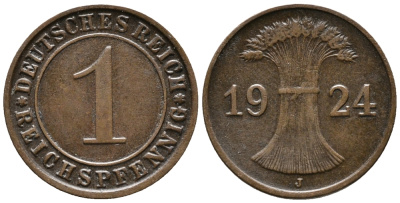 ГЕРМАНИЯ 1 РЕЙХСПФЕННИГ 1924 J KM 37, J. 313 бронза 39-839