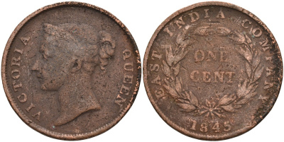 Стрейтс-Сетлментс 1 цент 1845 Виктория (1837-1901), Ост-Индская компания KM 3 медь 4590-214