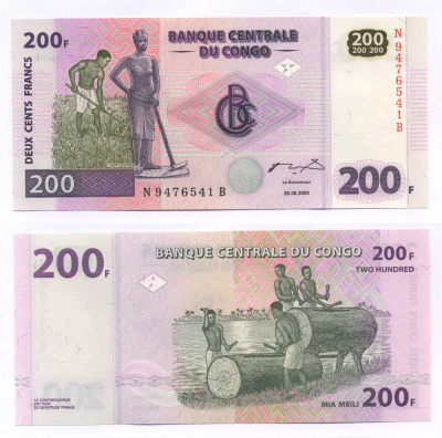 КОНГО 200 ФРАНКОВ 2000 (2006) СЕРИЯ N-B Pick 95A бумага UNC (ПРЕСС) 7547-57-2-1