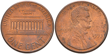 США 1 цент 1993 Авраам Линкольн KM 201b цинк плакированный медью 187-341