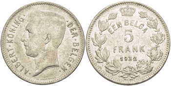 БЕЛЬГИЯ 5 ФРАНКОВ 1932 АЛЬБЕРТ I, DER BELGEN KM 98 никель 3851-421