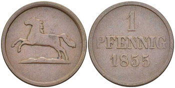 БРАУНШВЕЙГ-ВОЛЬФЕНБЮТТЕЛЬ 1 ПФЕННИГ 1855 В, ВИЛЬГЕЛЬМ (1831-1884) KM 1142 медь 210-151