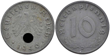 ГЕРМАНИЯ 10 РЕЙХСПФЕННИГОВ 1940 D KM 101, J. 371 цинк 4401-832