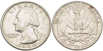 США 25 центов = квотер 1990 P, Вашингтон KM А164а медь плакированная медно-никелем 216-1056