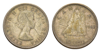 Канада 10 центов 1963 Елизавета II (1952-2022), парусник KM 51 серебро 4623-934