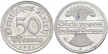 ГЕРМАНИЯ 50 ПФЕННИГОВ 1921 A KM 27, J. 301 алюминий 73-1623