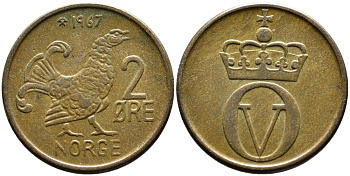 Норвегия 2 эре 1967 глухарь, Улаф V (1958-1991) KM 410 бронза 4391-1114