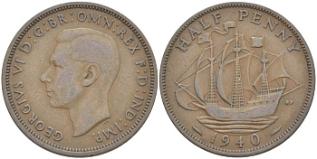 Великобритания 1/2 пенни 1940 Георг VI (1936-1952) KM 844, Spink 4115 бронза 4539-651