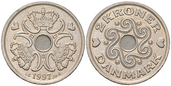 Дания 2 кроны 1997 LG, Маргрете II (1972-) KM 874 медно-никель aUNC 216-331