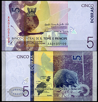 Сан-Томе и Принсипи 5 добра 2020 бабочка, карта, землеройка Pick 76 a  бумага  UNC (пресс) 448-117-1