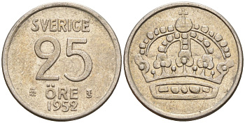 Швеция 25 эре 1952 TS, Густав VI Адольф (1950-1973) KM 824 серебро 4147-1027