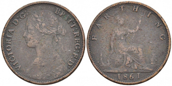 Великобритания 1 фартинг 1861 Виктория (1837-1901) KM 747.2, Spink 3958 бронза 4547-921