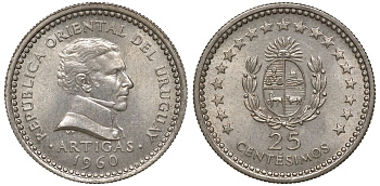 Уругвай 25 сентесимо 1960 KM 40 медно-никель 4169-1045