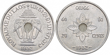 Лаос 20 центов 1952 король Сисаванг Вонг (1904-1959), слоны KM 5 алюминий 4545-513