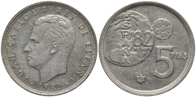 Испания 5 песет 1980 (82) ЧМ по футболу, Испания 82 KM 817 медно-никель 4577-726