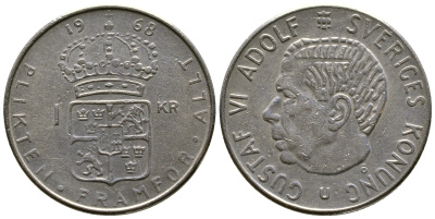 Швеция 1 крона 1968 Густав VI Адольф (1950-1973) KM 826a медь плакированная медно-никелем 4179-722