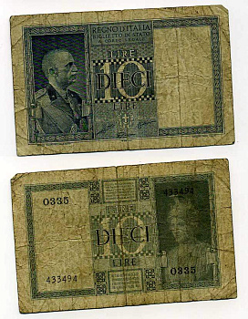 Италия 10 лир 1938 Король Виктор Эммануил III Pick 25b бумага 6266-43-4-1