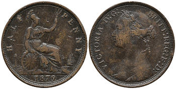 Великобритания 1/2 пенни 1879 Виктория (1837-1901) KM 754, Spink 3956 бронза 34-944