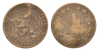 Нидерланды 1 цент 1901 Вильгельмина (1890-1948) KM 130 бронза 72-1157