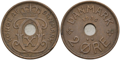 Дания 2 эре 1936 Кристиан X (1912-1947) KM 827 бронза 4147-522