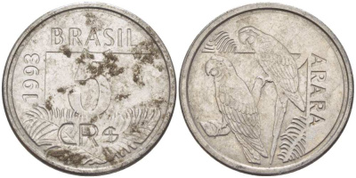 БРАЗИЛИЯ 5 КРУЗЕЙРО РЕАЛ 1993 РЕФОРМА 1993-1994, ПОПУГАИ АРА KM 627 нержавеющая сталь 4388-245