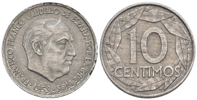 Испания 10 сентимо 1959 Франсиско Франко (1939-1975) KM 790 алюминий 4609-1112