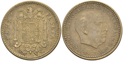 Испания 1 песета 1953 (61) Франсиско Франко (1939-1975) KM 775 алюминиевая бронза 4604-332