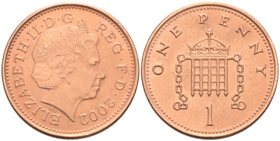 Великобритания 1 пенни 2002 Елизавета II (1952-2022) KM 986, Spink 4710 (B5) сталь плакированная медью 4588-556