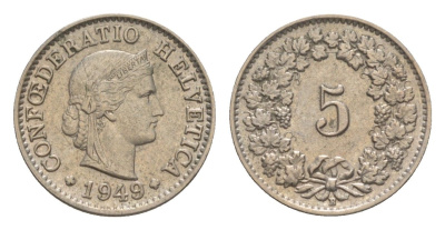 Швейцария 5 раппенов 1949 B KM 26 медно-никель 4611-666